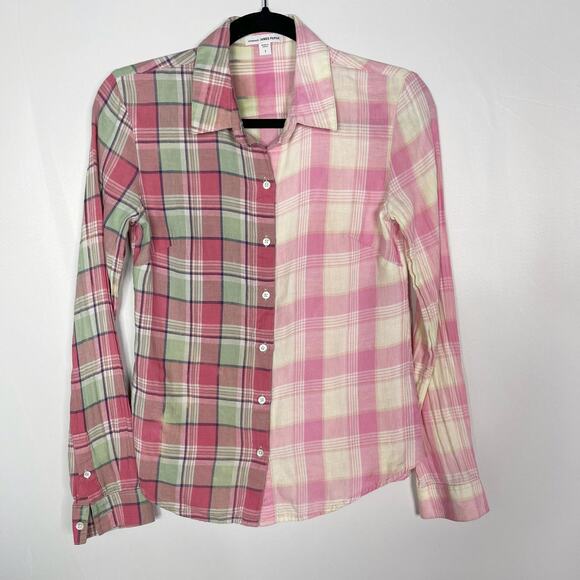 James Perse Womens 1 Small S Pink Bleached Plaid Button Up Shirt Cotton Linen - Picture 1 of 12